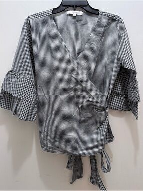 LOFT Black & White Gingham Wrap Top with Ruffle Sleeves